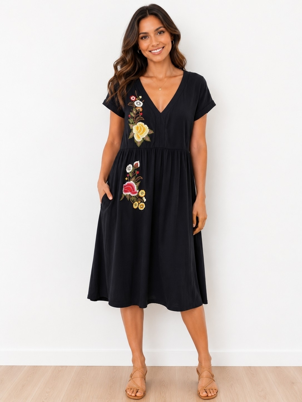 Caite Black Dress V-Neck Embroidered Midi Dress - Floral Detail Size L